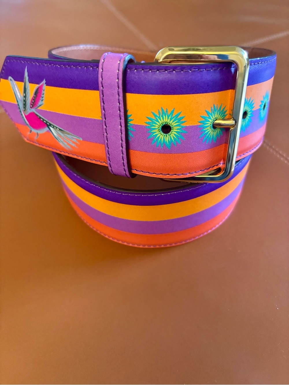 Etro Purple, Orange & Pink Striped Leather Belt with Gold Buckle